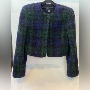 Vintage 90’s Ellen Tracy Blue Green Plaid Cropped Wool Blazer Size 2